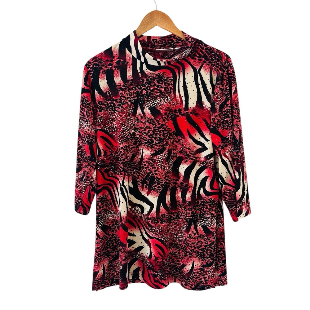 Susan Graver‎ Liquid Knit Animal Print Sequin Tunic Top Large Stretch Mock Neck